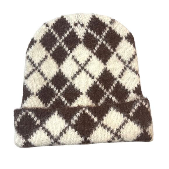 Anthropologie Cozy Argyle Beanie, White & Brown New With Tags - Picture 3 of 5